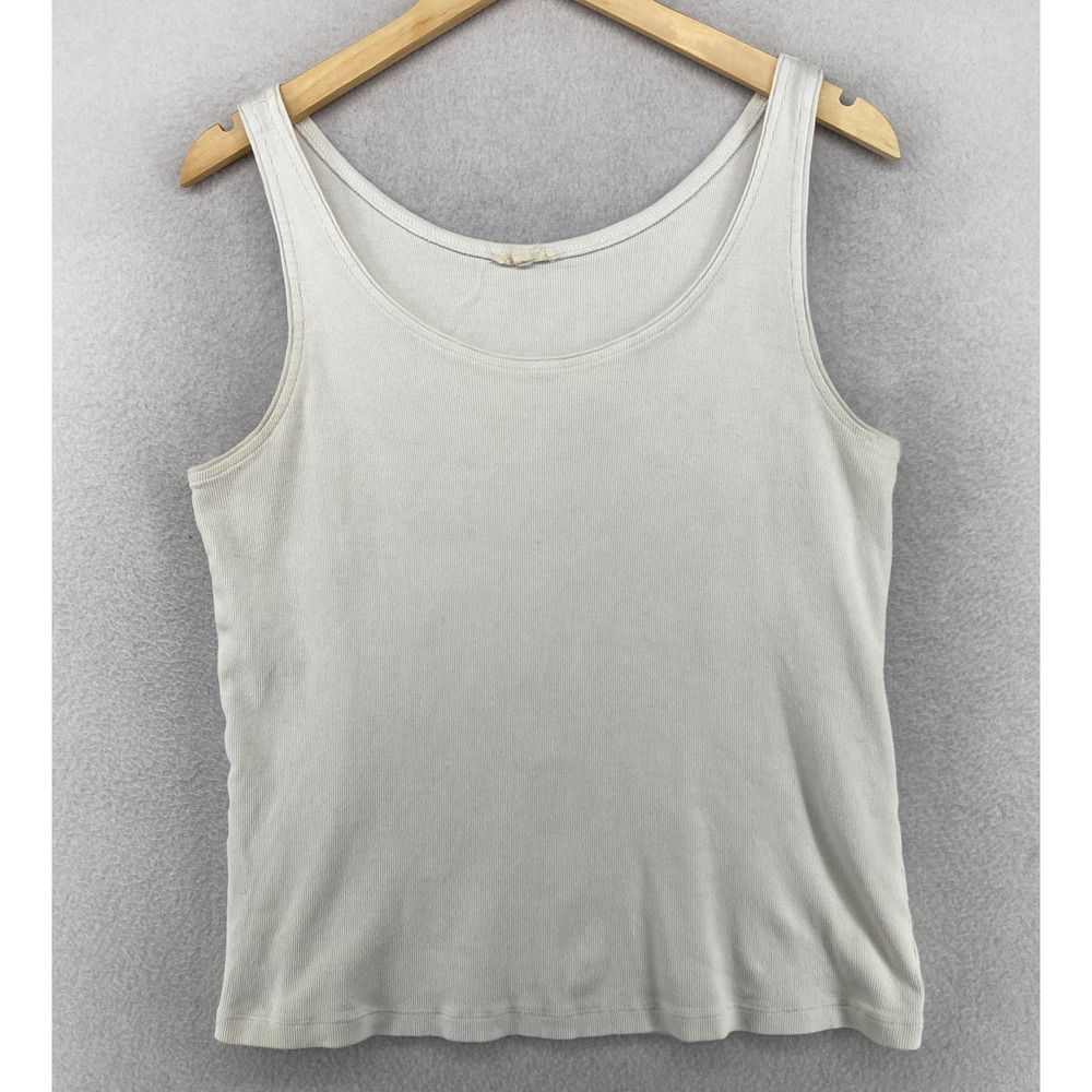 EILEEN FISHER Tank Top L Ribbed Organic Cotton Jersey Cami Scoop Neck Off White